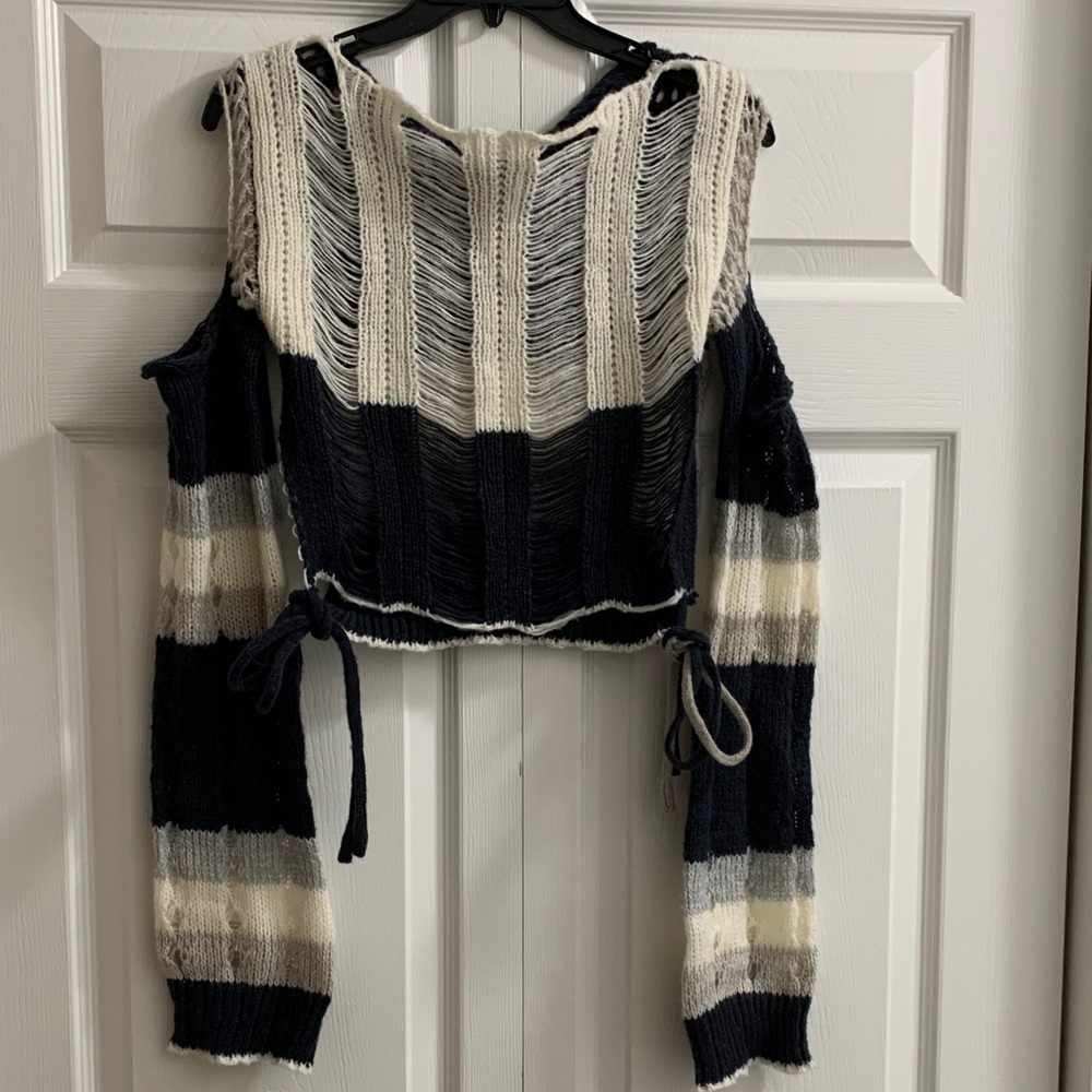 AKIRA Off-the-Shoulder Sweater in Black and Cream